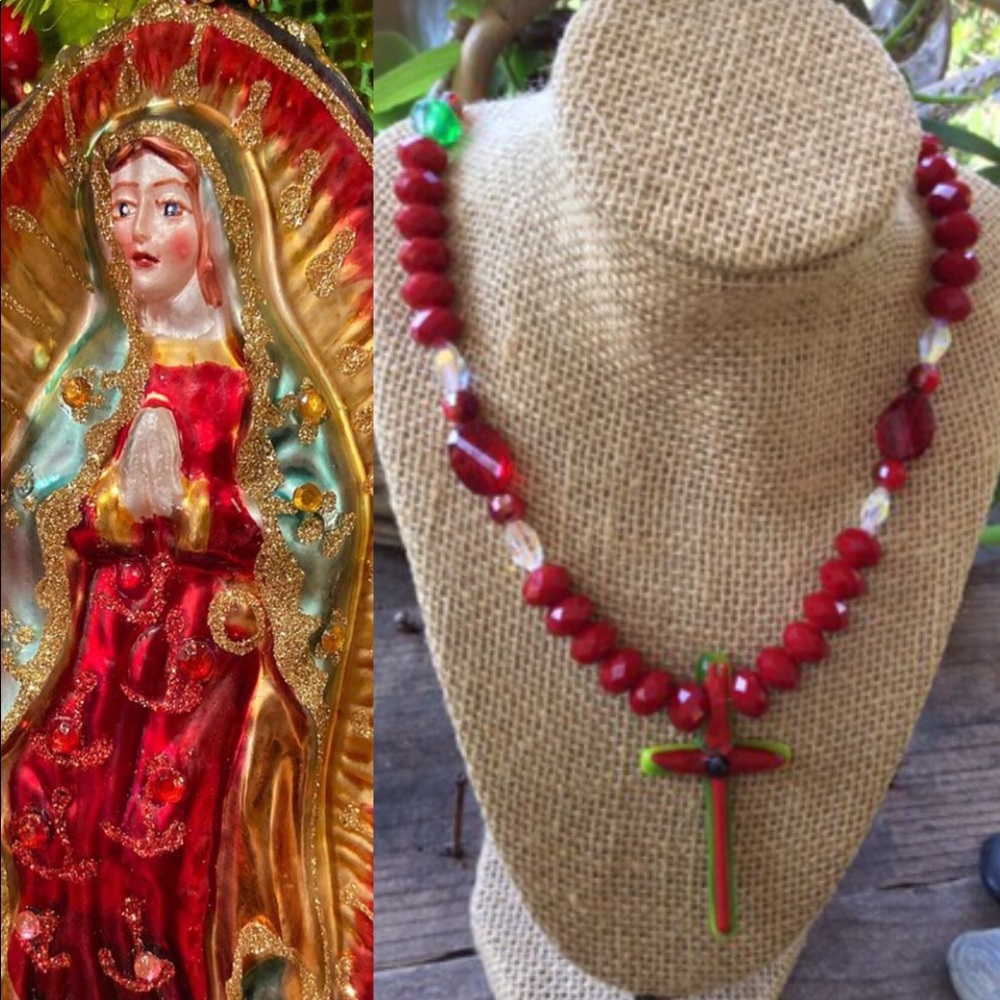 Valentines Red Crystal Glass Beads Artisan Blown Glass Custom Cross Necklace